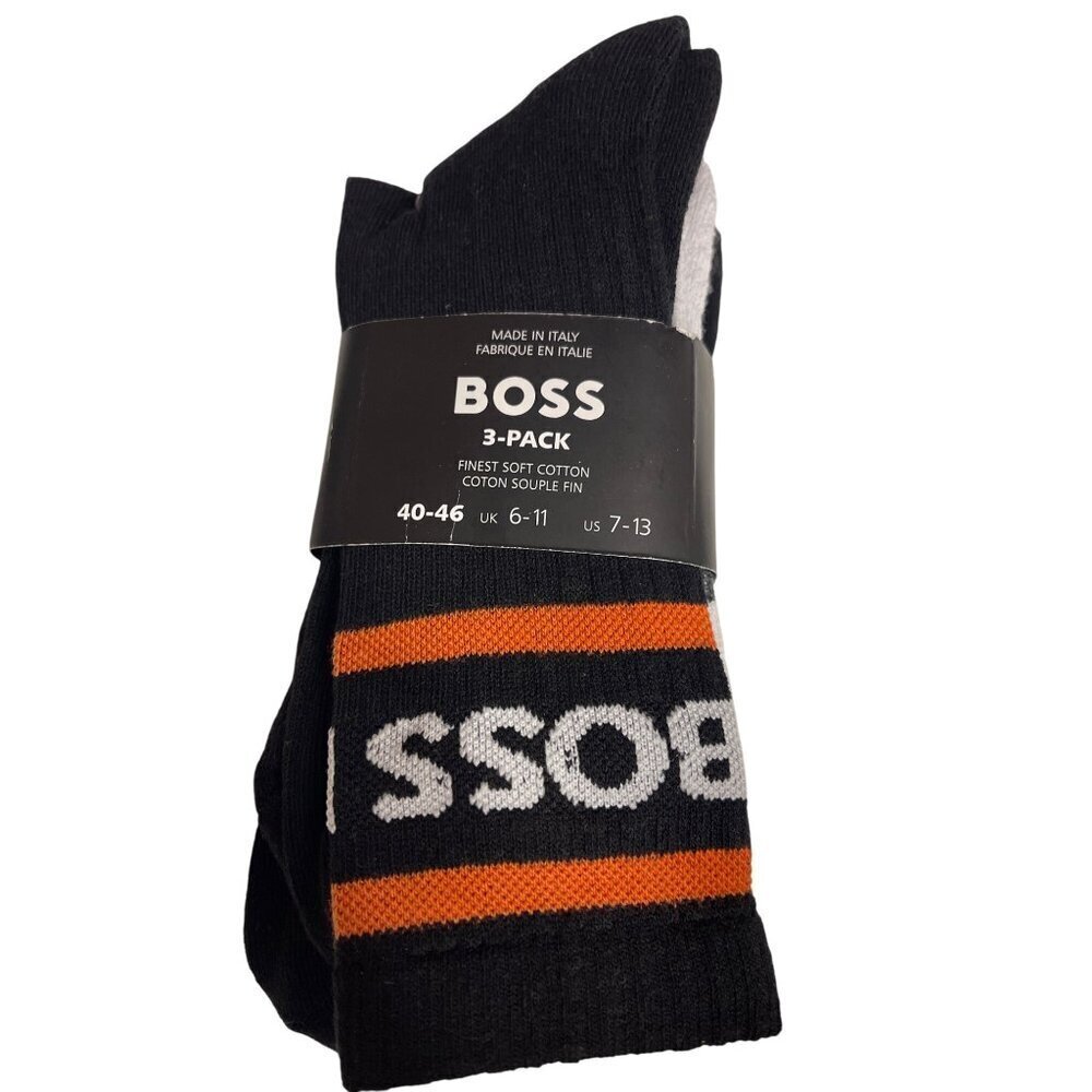 NEW! Hugo Boss Men's Crew Socks Size 7-13 3 Pack Cotton Blend Black White Logo